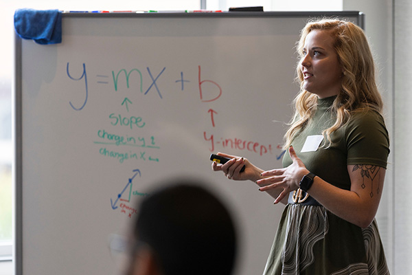 a teacher stands in front of a whiteboard