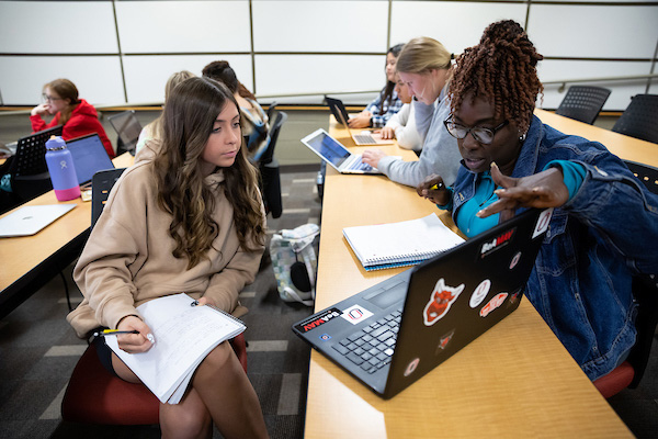 2 women sit at a table looking at a laptop