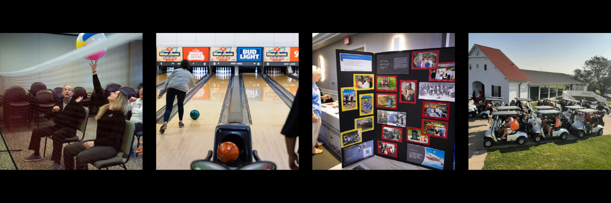 Student playing volleyball, student project collage.