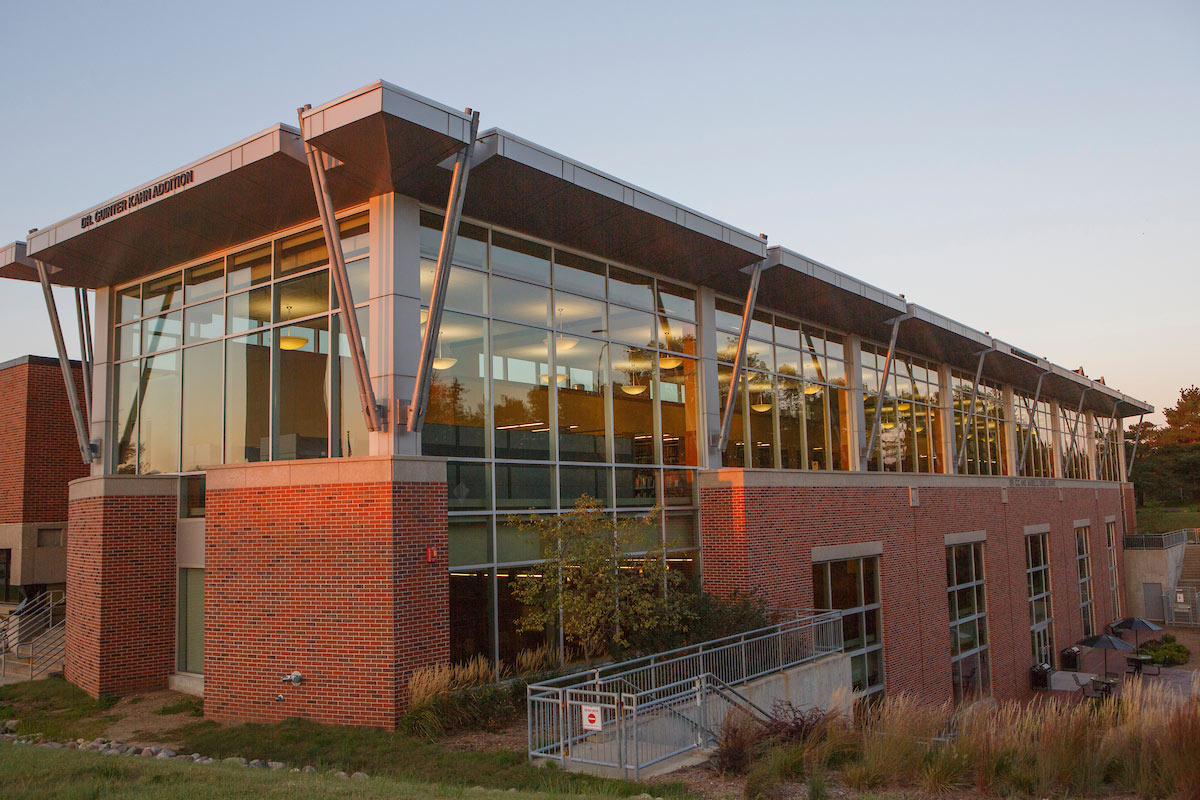 a photo of the criss library building at dusk