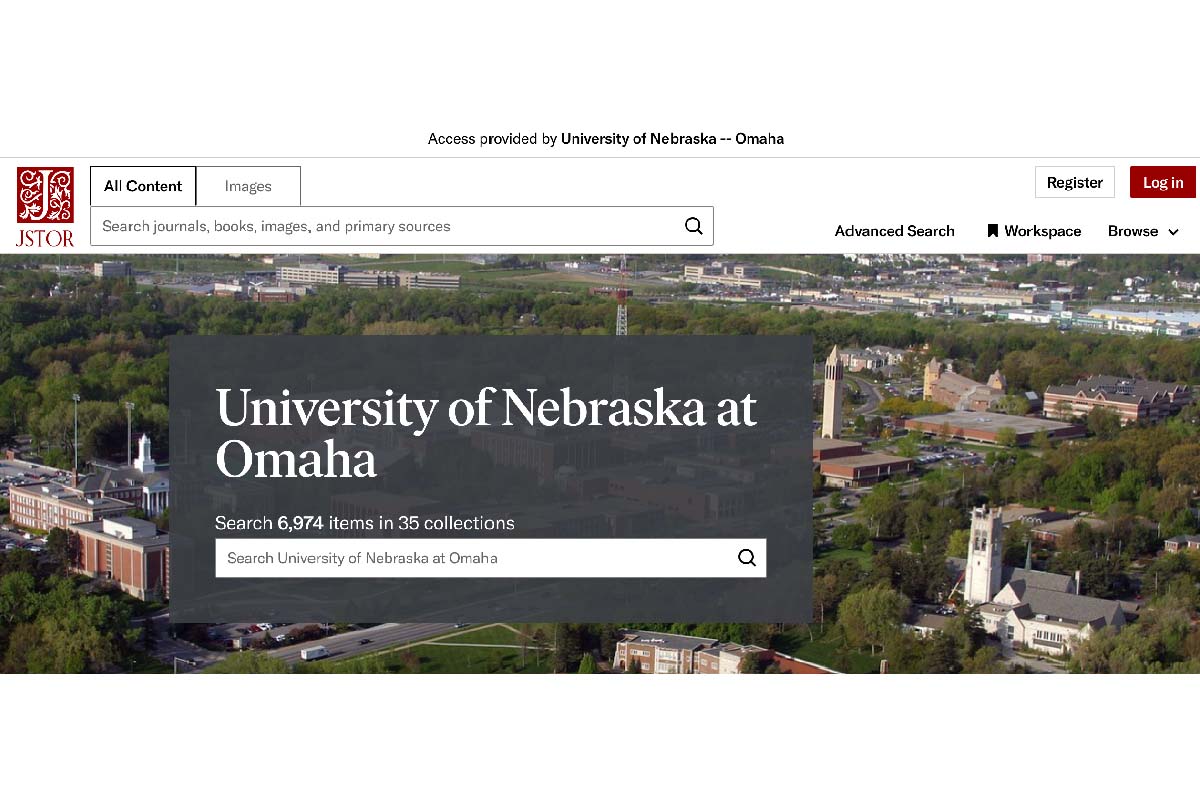 a background aerial photo of the UNO campus and the JSTOR search bar on it