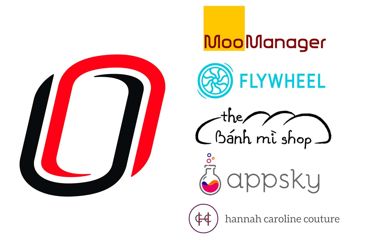 A collection of corporate logos for Appsky, The Bánh Mì Shop, FlyWheel, Hannah Caroline Couture, MooManager 