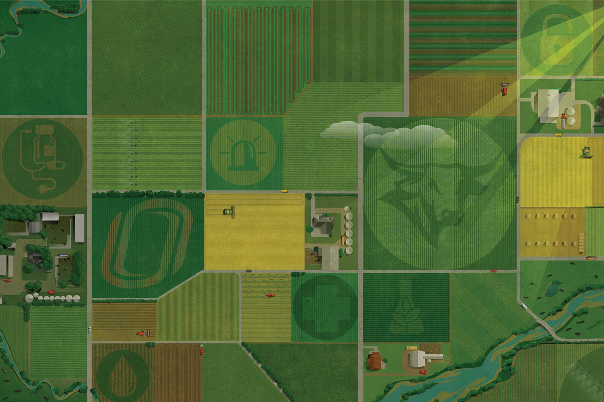 A graphic illustration showing farming fields from above with a UNO "O", locks, and Durango engraved into plots of land.