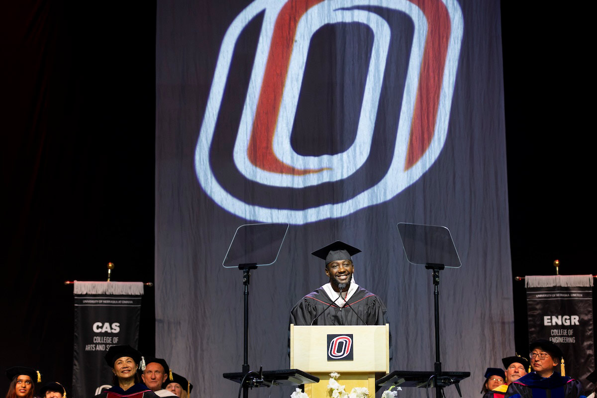 Terence “Bud” Crawford delivers the keynote address at the University of Nebraska at Omaha’s Spring 2025 Commencement ceremony at Baxter Arena.